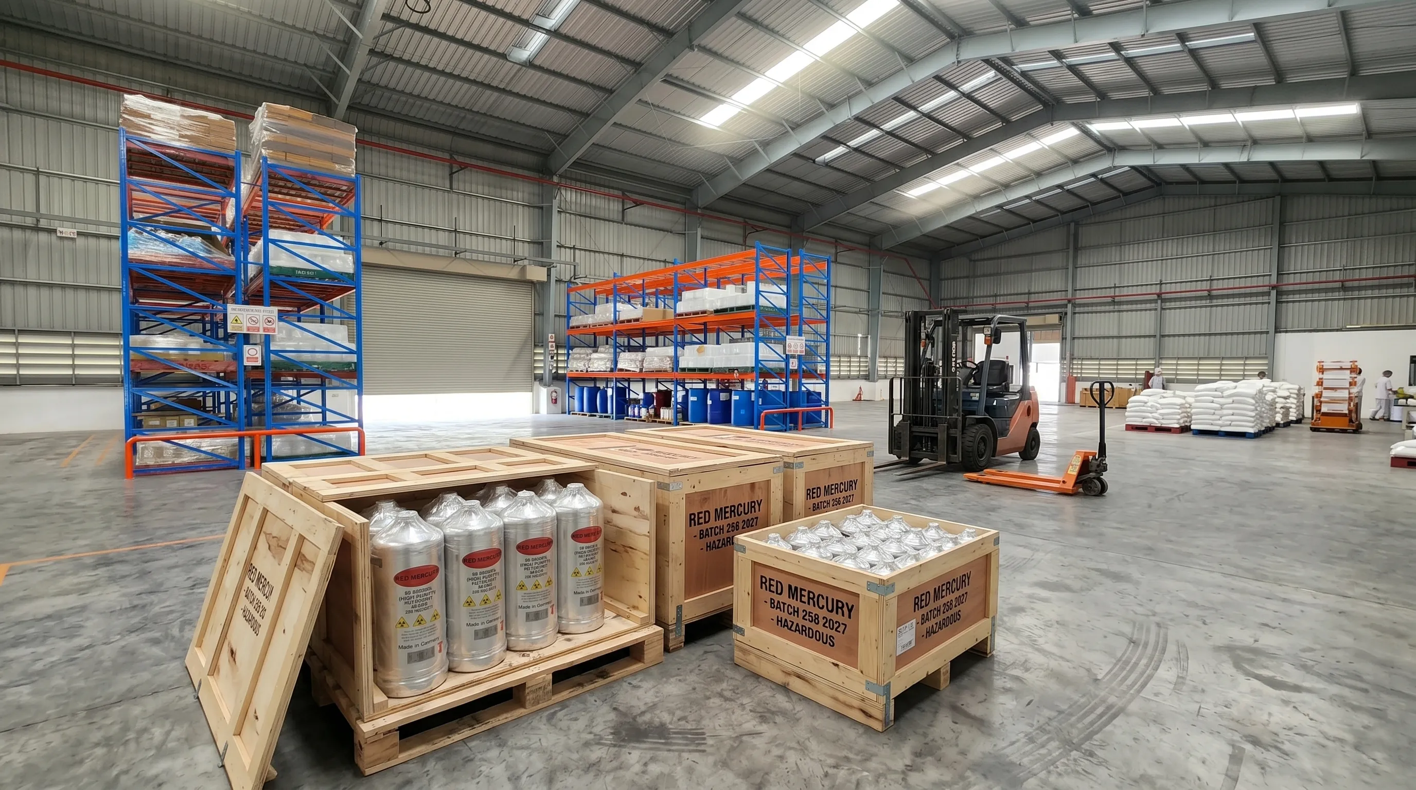 تفتيش مراقبة الجودة للزئبق الأحمر في UE Chemicals بانكوك مع حاوية مغلقة ومستندات تحليلية