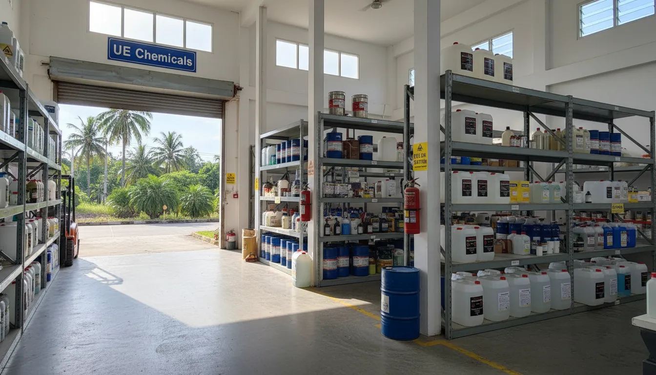 UE Chemicals warehouse facility with industrial chemical containers and Caluanie Muelear Oxidize stock